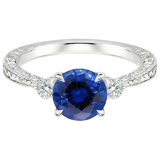 Three Stone Gold Ring Round Ceylon Sapphire & Natural Earth Mined Diamond 2.50 Carats New
