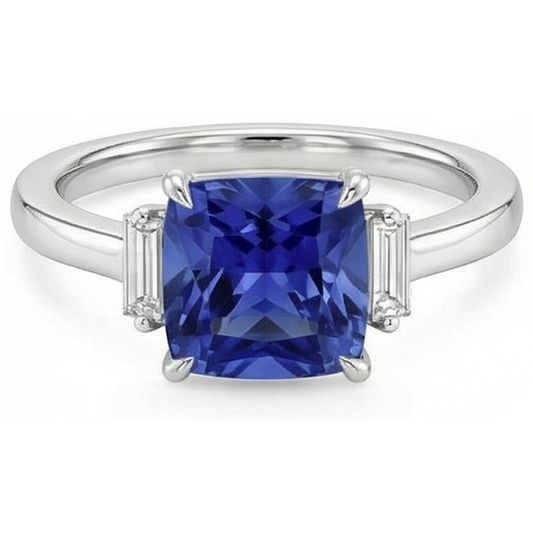 Three Stone Natural Earth Mined Diamond Blue Sapphire Ring 3.25 Carats White Gold