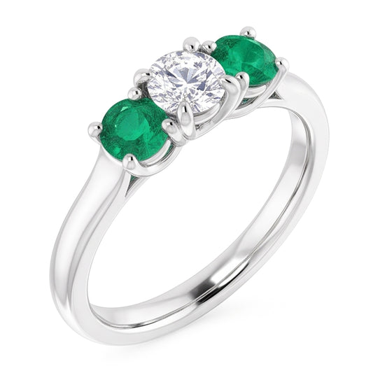 Three Stone Natural Earth Mined Diamond Emerald Ring 2.40 Carats White Gold 14K