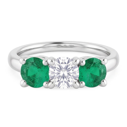 Three Stone Natural Earth Mined Diamond Emerald Ring 2.40 Carats White Gold 14K