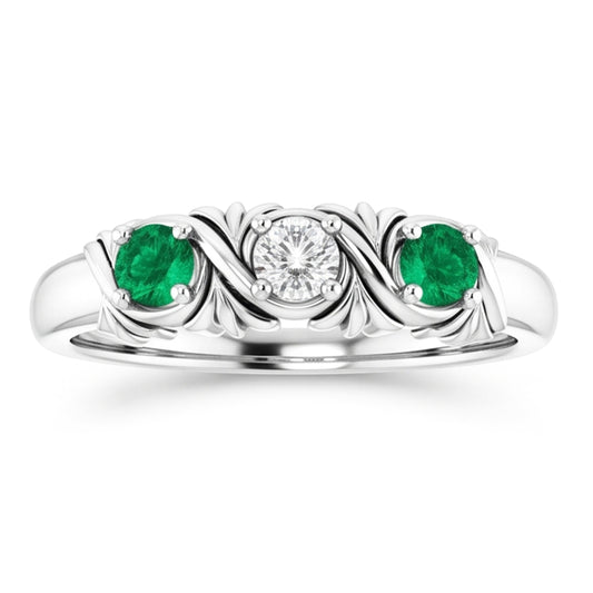 Three-Stone Natural Earth Mined Diamond Ring Emerald Antique Style 0.60 Carats