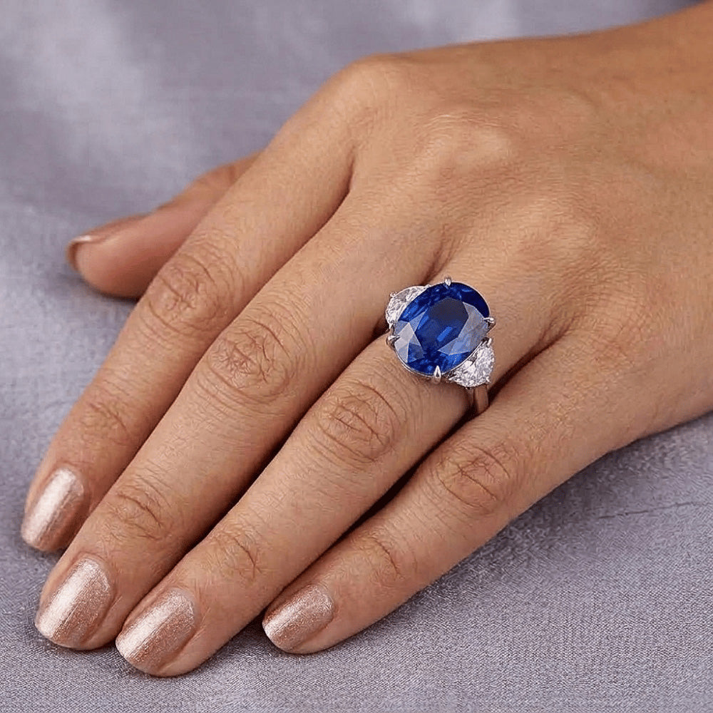 Three Stone Natural Earth Mined Diamond & Blue Sapphire Engagement Ring 8 Carats Gold 14K
