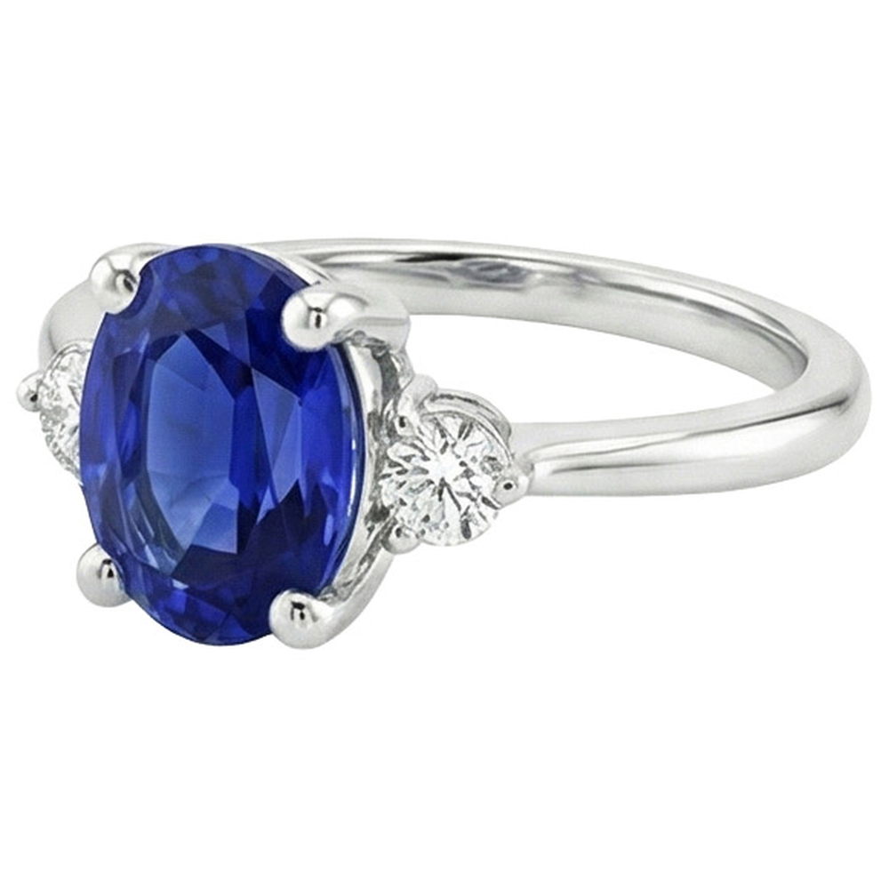 Three Stone Natural Earth Mined Diamond & Oval Ceylon Sapphire Ring 3.50 Carats White Gold