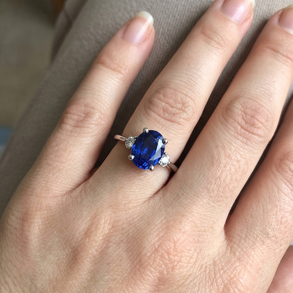 Three Stone Natural Earth Mined Diamond & Oval Ceylon Sapphire Ring 3.50 Carats White Gold