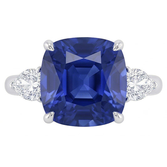 Three Stone Pear Natural Earth Mined Diamond & Cushion Blue Sapphire Ring 3.50 Carats