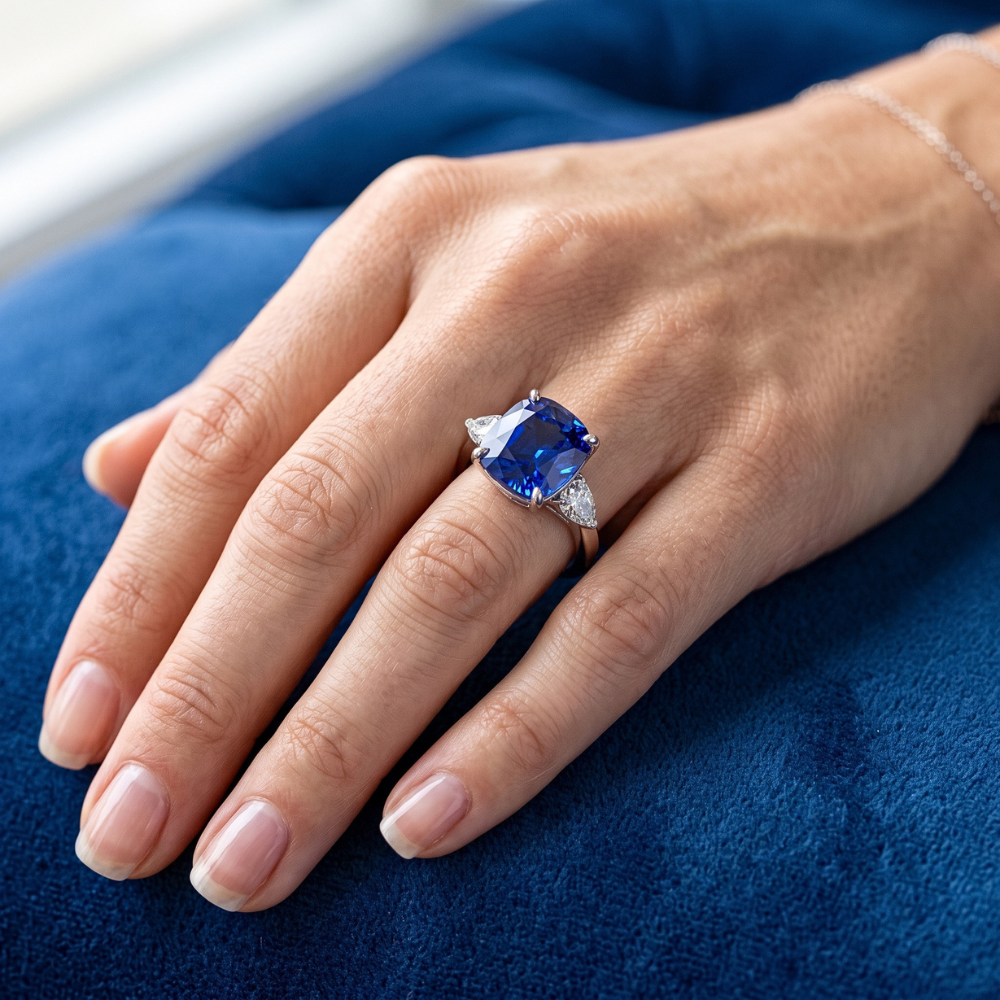 Three Stone Pear Natural Earth Mined Diamond & Cushion Blue Sapphire Ring 3.50 Carats