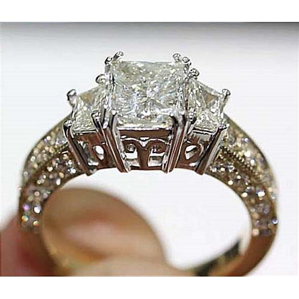 Three Stone Real Diamond Ring 2.75 Carat Vintage Style Yellow Gold 14K4