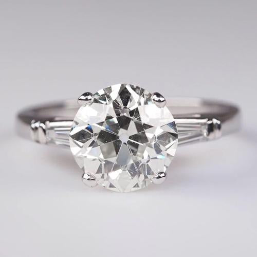 Three Stone Ring Baguette & Round Old Mine Cut Real Diamonds 2.75 Carats