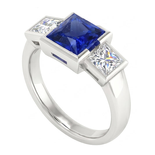 Three Stone Ring Princess Natural Earth Mined Diamond & Ceylon Sapphire Jewellery 2 Carats