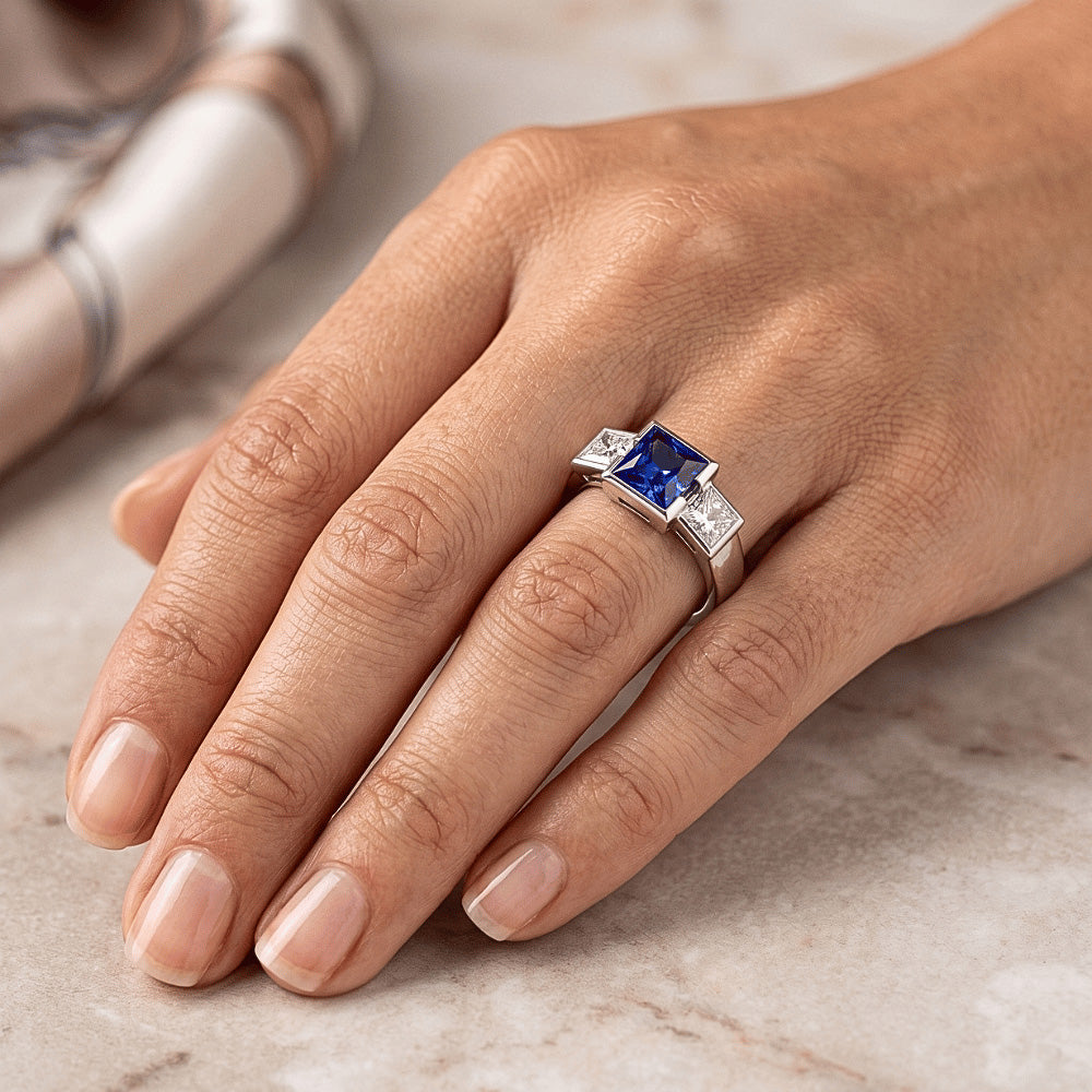 Three Stone Ring Princess Natural Earth Mined Diamond & Ceylon Sapphire Jewellery 2 Carats