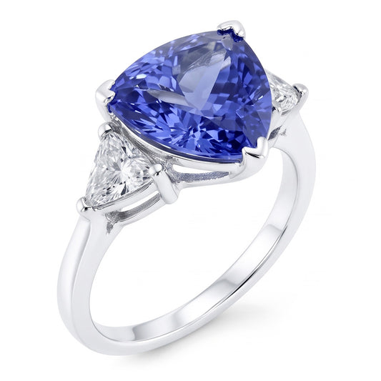 Three Stone Ring Trilliant Cut Blue Natural Earth Mined DIAMOND ( NOT LAB GROWN ) Gemstone 6.5 Carats WG 14K