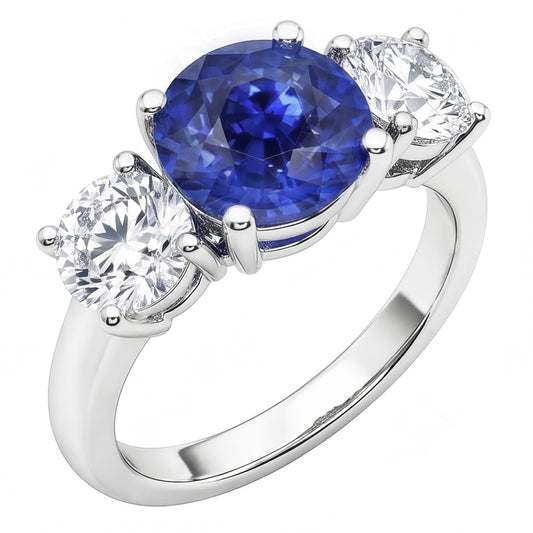 Three Stone Round Blue Sapphire & Natural Earth Mined Diamond Ring 2.50 Carats Gold 14K