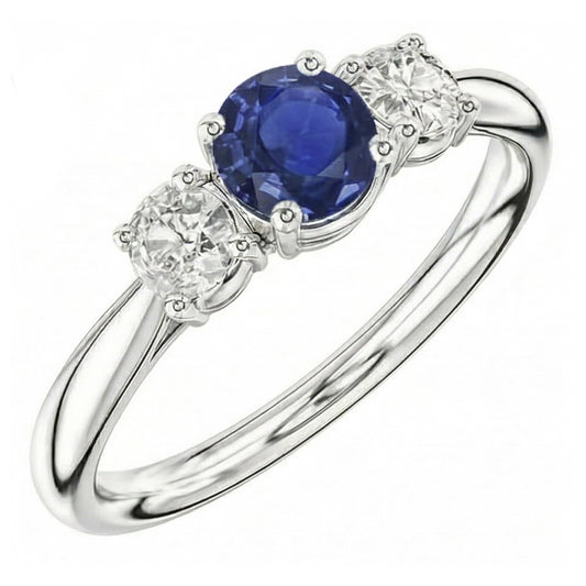 Three Stone Round Blue Sapphire & Natural Earth Mined Diamond Ring Jewellery 1.50 Carats
