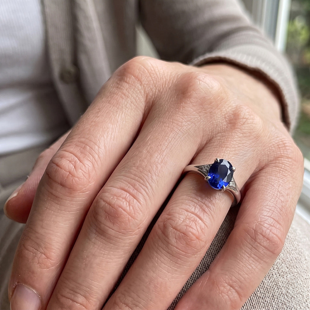 Three Stones Ring Oval Sri Lankan Sapphire 2.75 Carats Split Shank