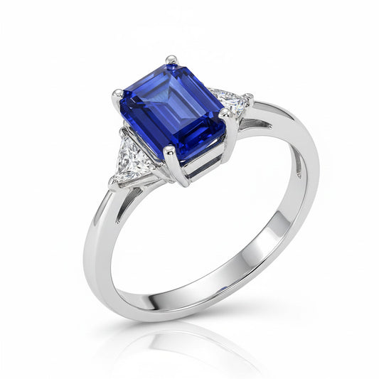 Three Stone Natural Earth Mined Diamond & Emerald Sri Lankan Sapphire Ladies Ring 7 Carats