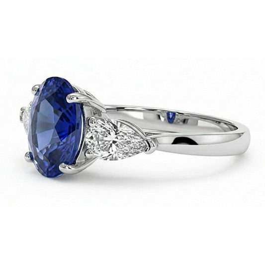 Three Stone Pear Natural Earth Mined Diamond & Ceylon Oval Sapphire Ring 9.25 Carats Gold