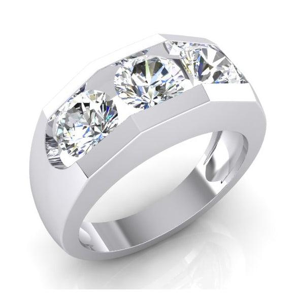 Three Stone Men's Ring Lab Grown Round Diamonds 14K Gold