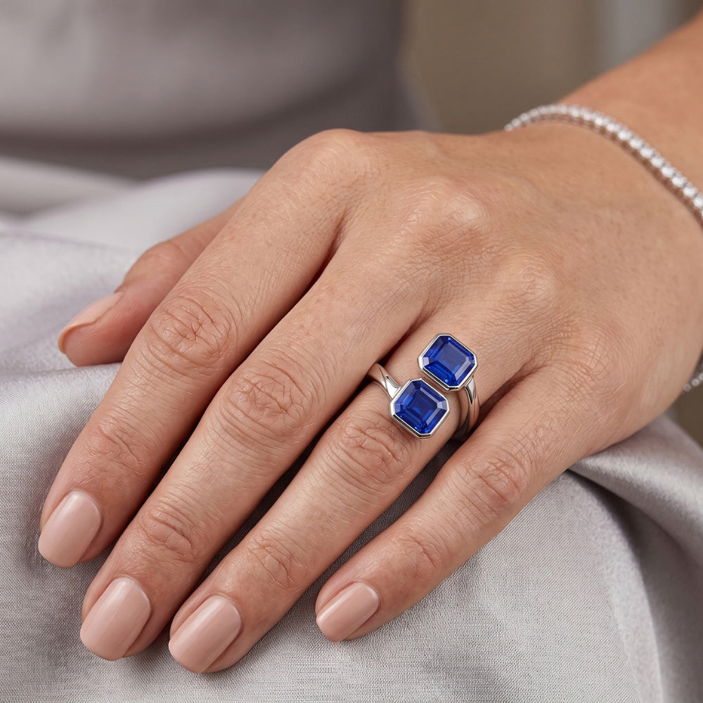 Toi Et Moi Emerald Sapphire Ring 2 Stone Bezel Set 3 Carats Filigree