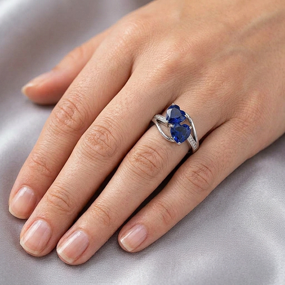 Toi et Moi 2 Stone Heart Blue Sapphire Round Natural Earth Mined Diamond Ring 3.50 Carats