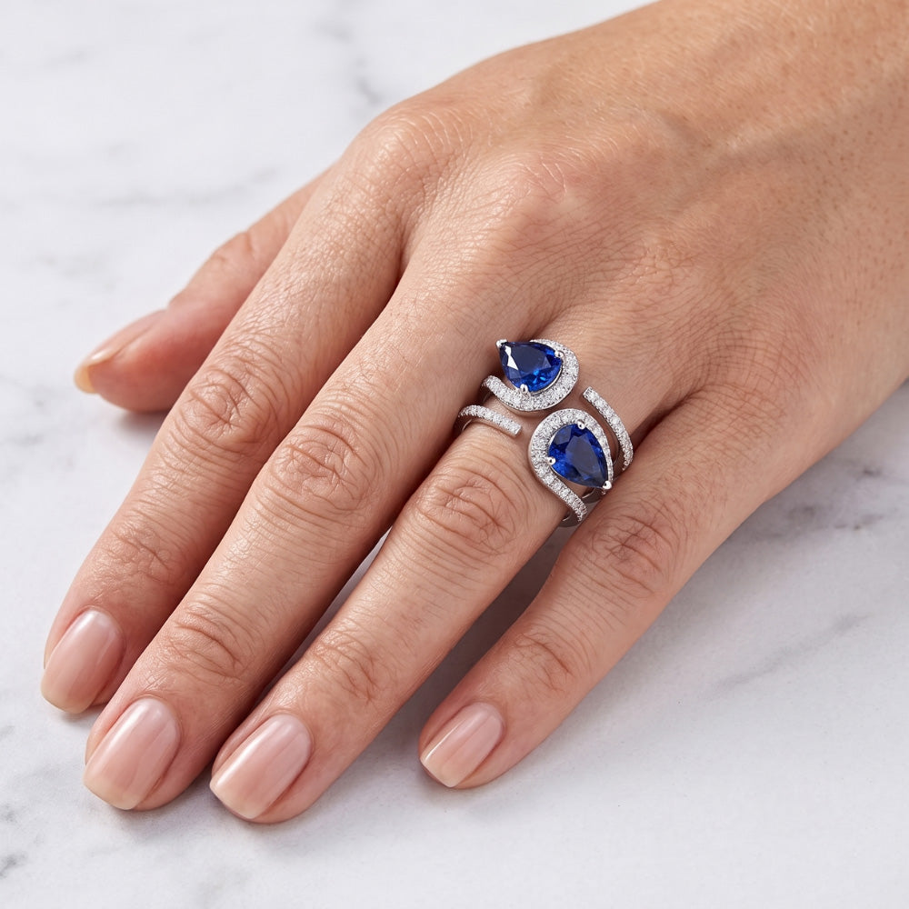 Toi et Moi Gold Women's Pear Blue Sapphire Natural Earth Mined Diamond Ring 3.50 Carats