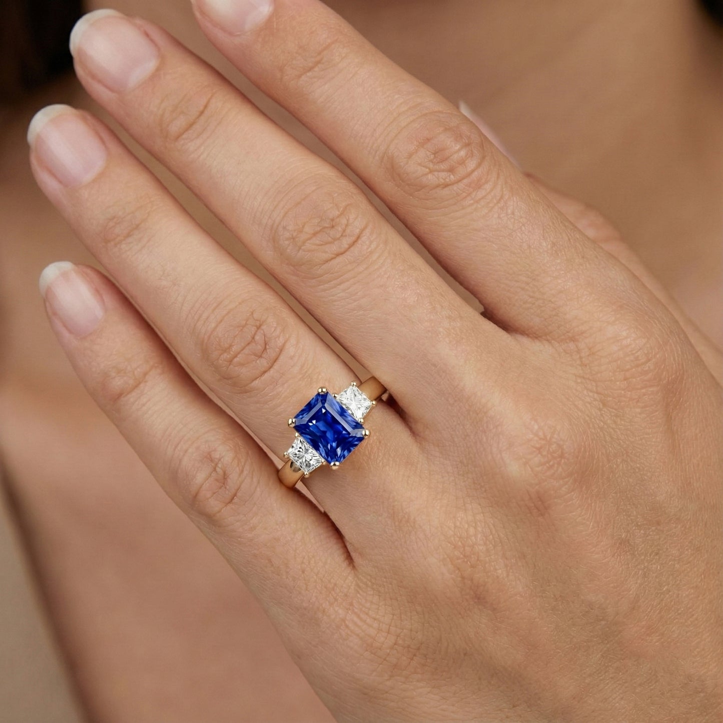 Trapezoid & Radiant Sapphire 3 Stone Natural Earth Mined Diamond Ring 3 Carats Yellow Gold