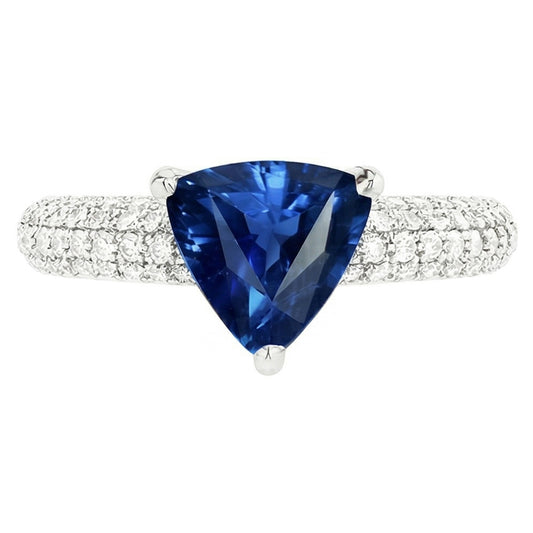 Trillion Gemstone Blue Sapphire Ring Pave Set Natural Earth Mined Diamonds 3 Carats