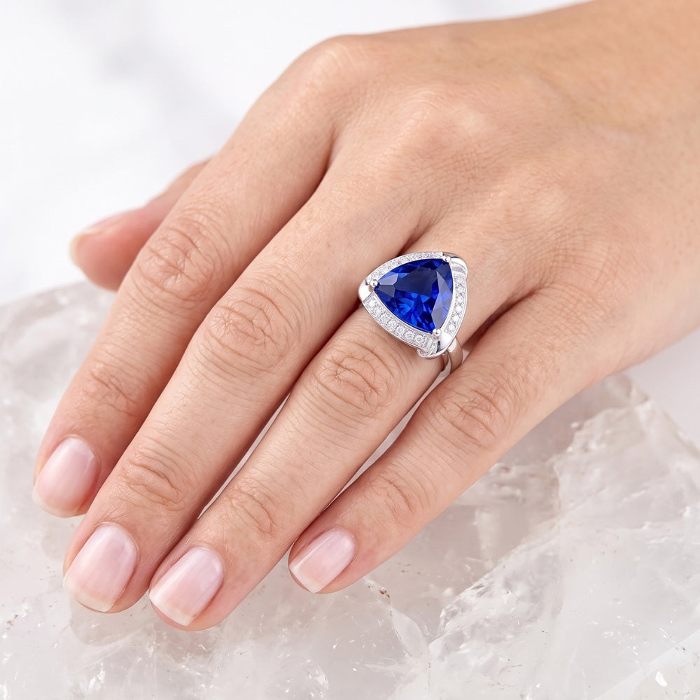 Trillion Halo Ceylon Sapphire Ring White Gold Jewellery 3 carats