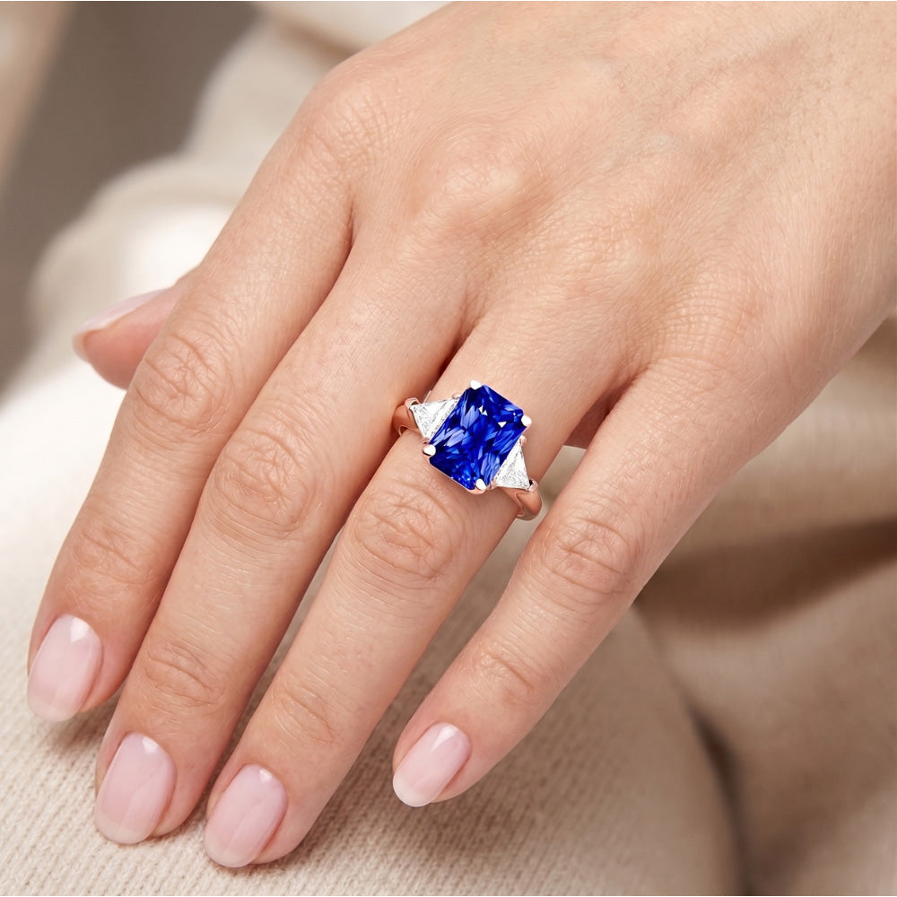 Trillion Natural Earth Mined Diamond 3 Stone Ring Radiant Sapphire Rose Gold 3 Carats