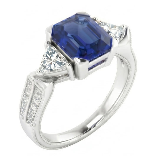 Trillion & Round Natural Earth Mined Diamond Asscher Sapphire Engagement Ring 2.50 Carats