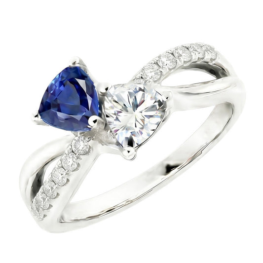 Trillion & Round Natural Earth Mined Diamond Ring Blue Sapphire 2.50 Carats Split Shank