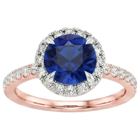 Two Tone Blue Sapphire Halo Natural Earth Mined Diamond Ring Prong Set