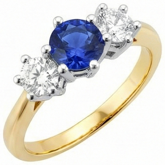 Two Tone Natural Earth Mined Diamond 3 Stone Sapphire Ring 6 Prong Set 3.50 Carats