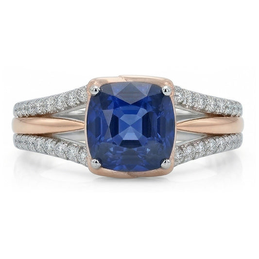 Two Tone Natural Earth Mined Diamond Engagement Ring With Cushion Blue Sapphire 2.50 Carat