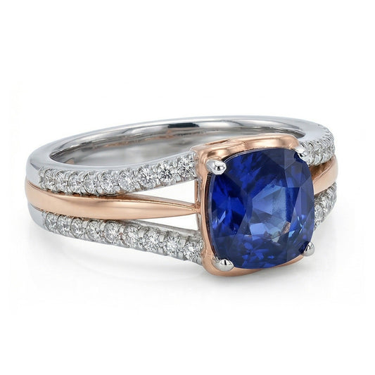 Two Tone Natural Earth Mined Diamond Engagement Ring With Cushion Blue Sapphire 2.50 Carat