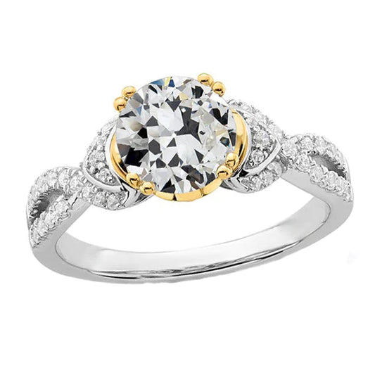 Two Tone Old Mine Cut Real Diamond Ring Split Shank 4.50 Carats 14K Gold