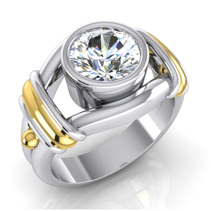 Two Tone Natural Earth Mined Diamond Solitaire Mens Ring Bezel Set 2 Carats