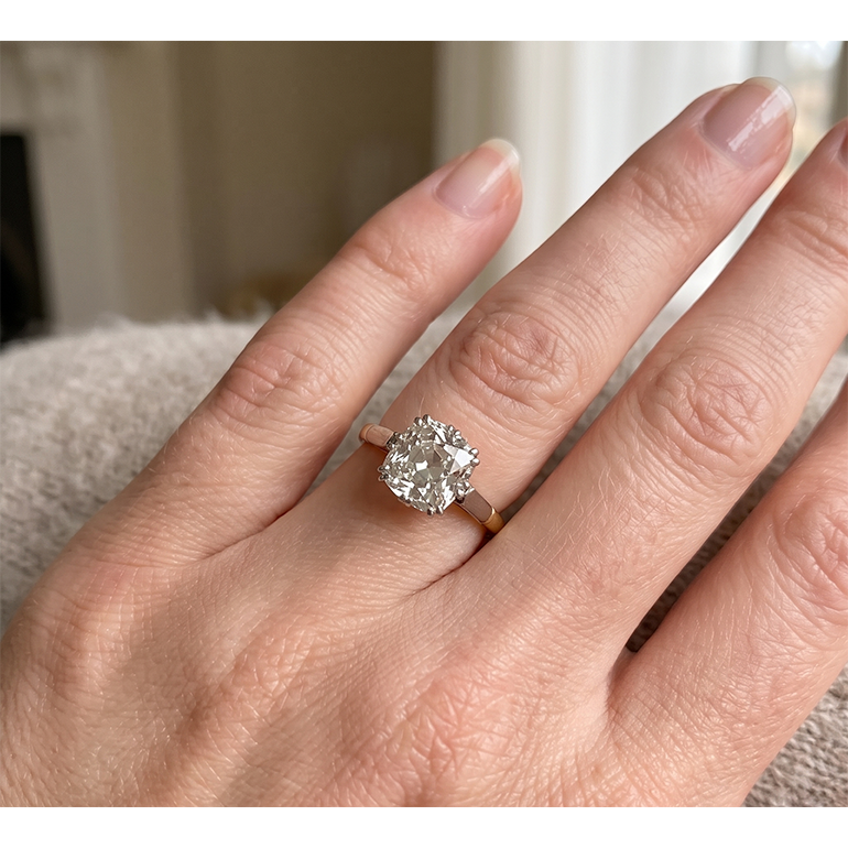 Two Tone Solitaire Engagement Ring Old Cut Cushion Genuine Natural Earth Mined Diamond 3 Carats
