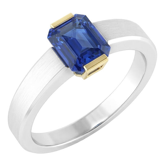 Two Tone Solitaire Ring 1 Carat Blue Sapphire Emerald Cut Gold Jewellery