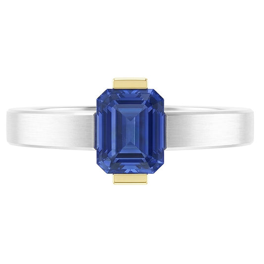 Two Tone Solitaire Ring 1 Carat Blue Sapphire Emerald Cut Gold Jewellery