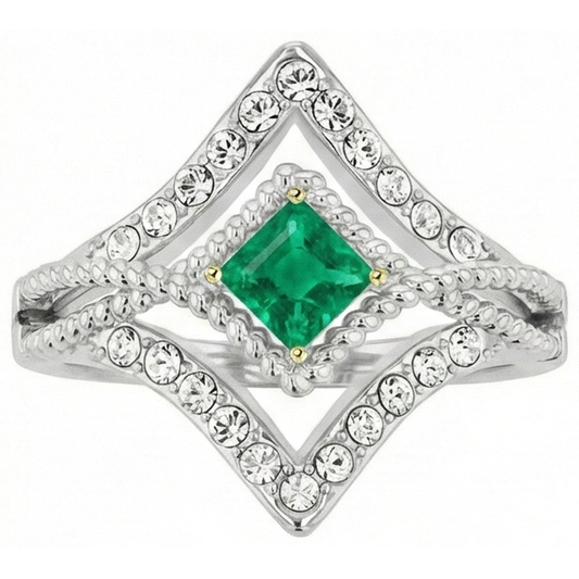 Precious Stone Ring 14K Two Tone Gold with Emerald – front view