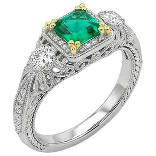 Fine Emerald Asscher Cut Precious Stone Ring in 14 Karat Two Tone Gold – front view
