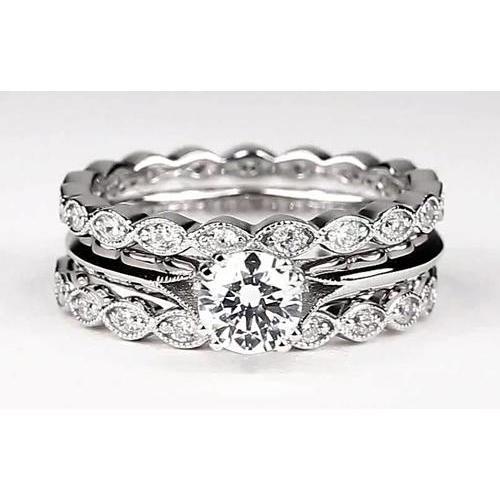 Vintage Look Round Natural Earth Mined Diamond Engagement Ring Set White Gold 14K 2 Carats