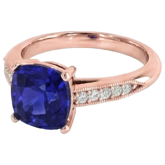 Vintage Style Ceylon Cushion Sapphire Ring 5 Carats Accents Rose Gold