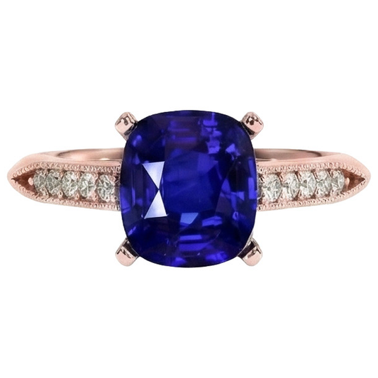 Vintage Style Ceylon Cushion Sapphire Ring 5 Carats Accents Rose Gold