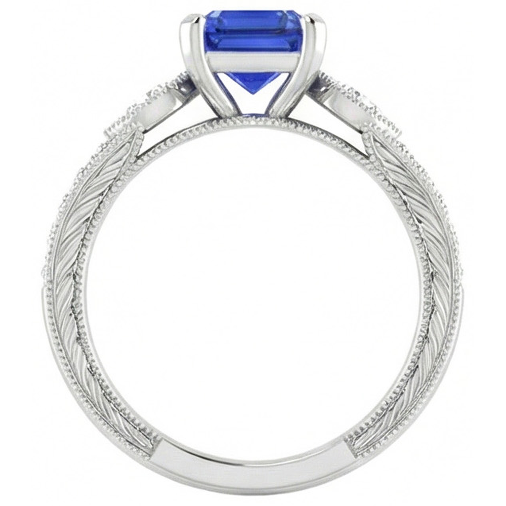 Vintage Style Gemstone Ring Asscher Blue Sapphire With Accents 3 Carat