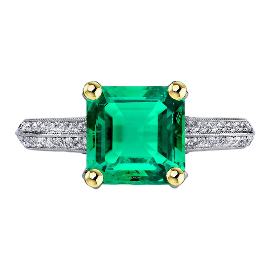 Colombian Emerald Step Cut Precious Stone Ring in 14K Two Tone Gold – main view