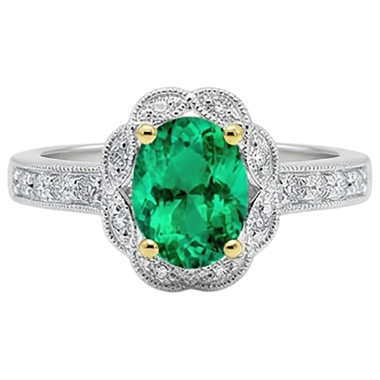 Precious Stone Ring 14K Two Tone Gold with Emerald – front view