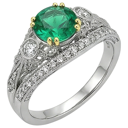 Fine Emerald Round Brilliant Precious Stone Ring in 14K Two Tone Gold – front view