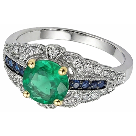 Round Cut Colombian Emerald ring in 14K – front view