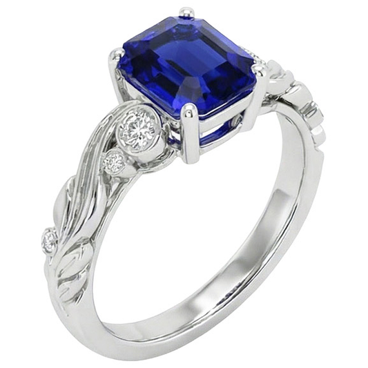 Vintage Style Natural Earth Mined Diamond And Ceylon Sapphire Emerald Cut Ring 5.50 Carats